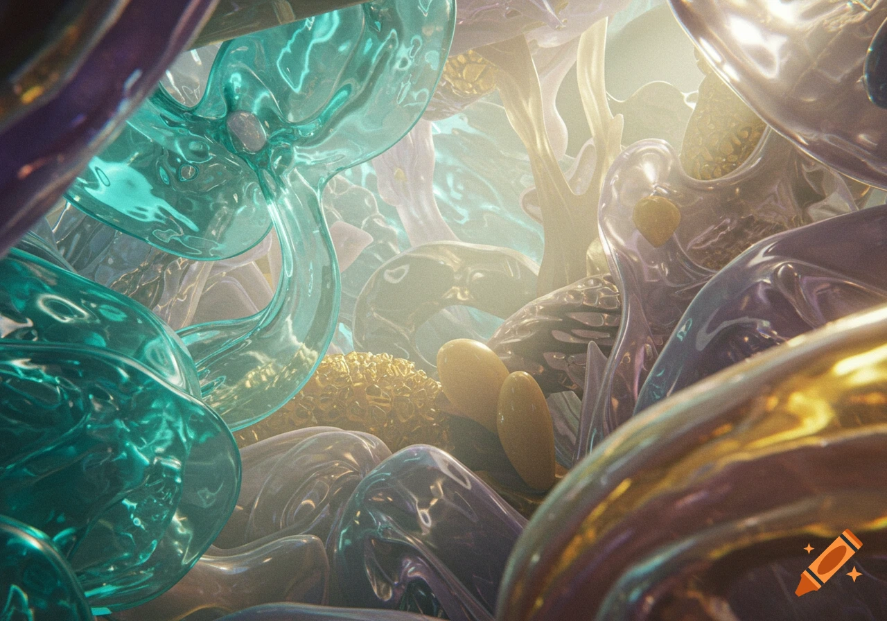 Abstract close-up of translucent, iridescent teal, purple, and gold organic shapes and tubes with luminous lighting.