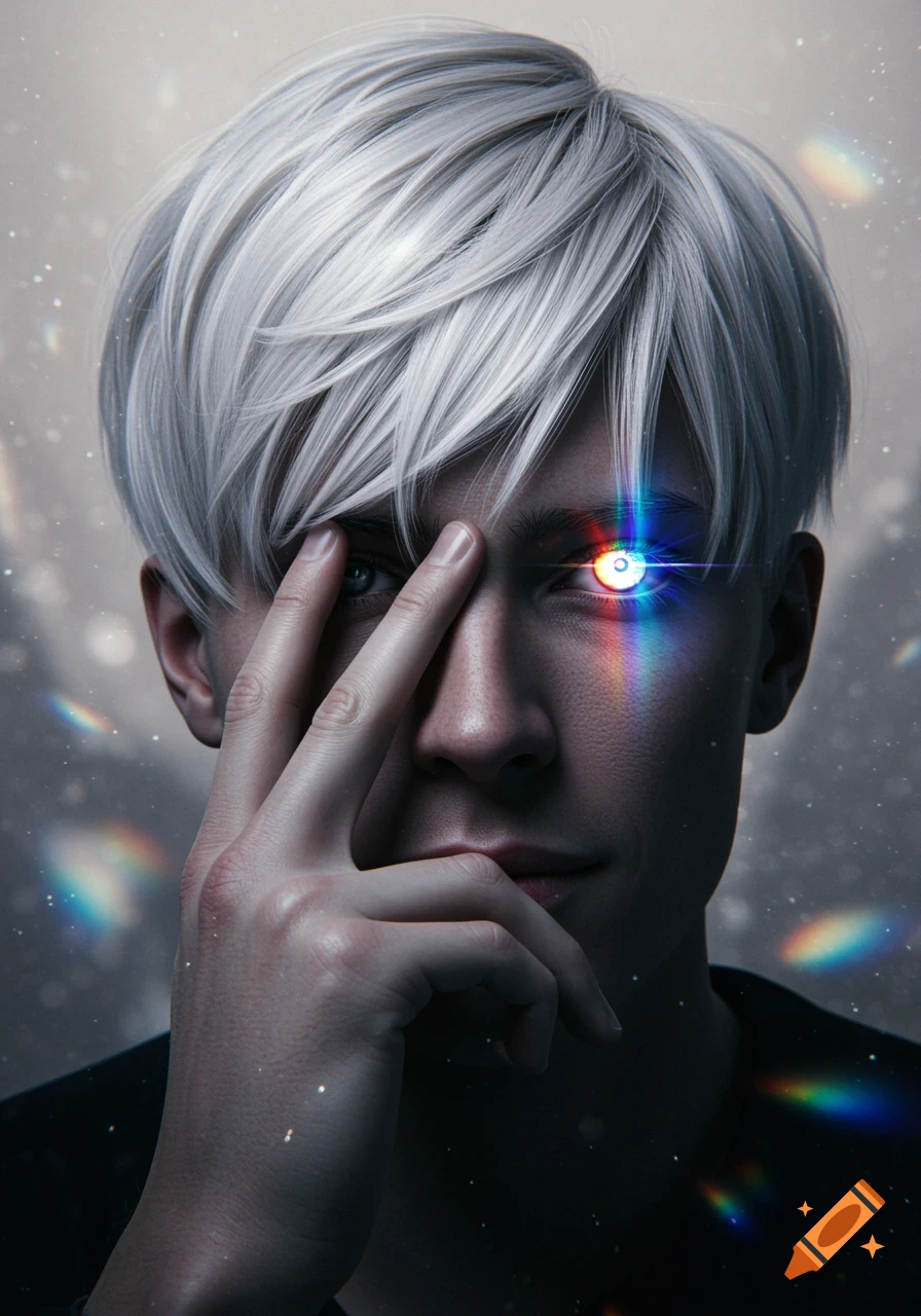 A close-up photorealistic portrait of a man with short white hair covering half his face with his hand, while his other eye glows with a rainbow light, set against a blurry, speckled background.