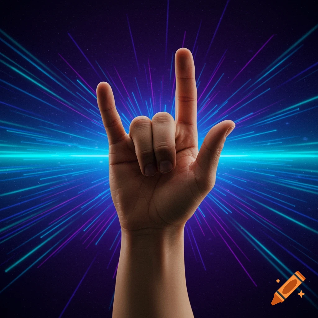 A hand making the 'I love you' sign against a background of blue and purple light streaks.