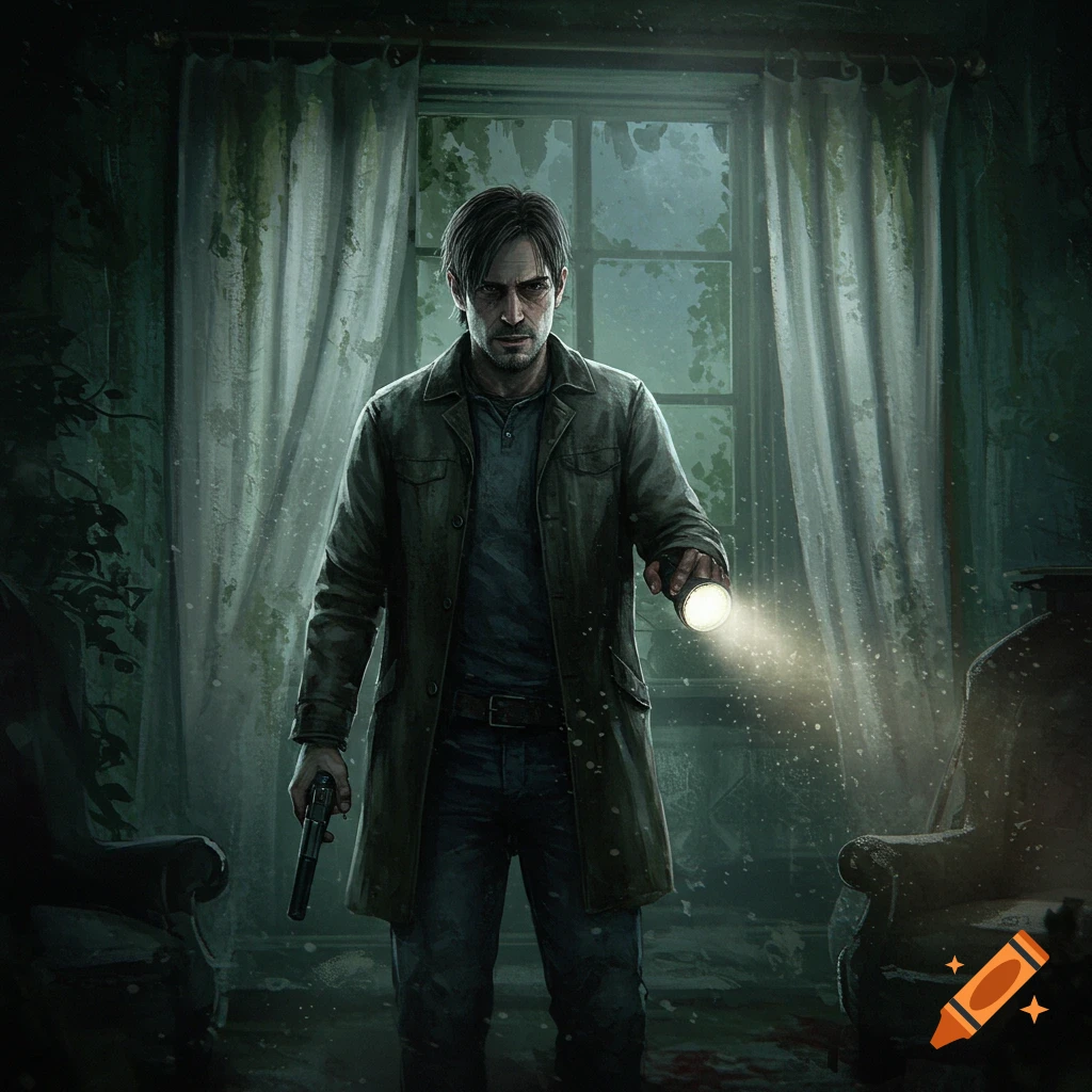 A man holding a flashlight and a pistol in a dark, dilapidated room, evoking a horror game aesthetic.
