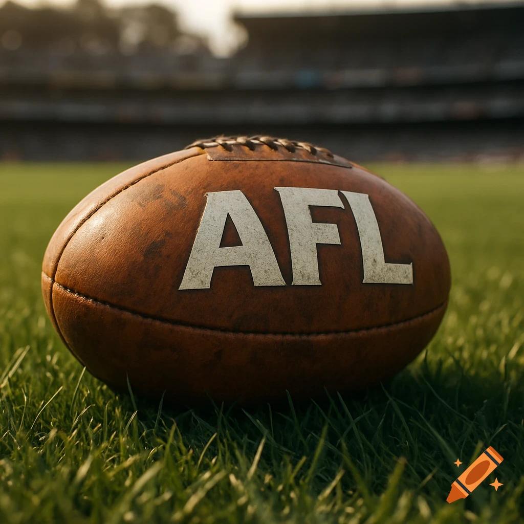 Close-up of a brown Australian Rules football with 'AFL' on it, resting on green grass in a stadium.