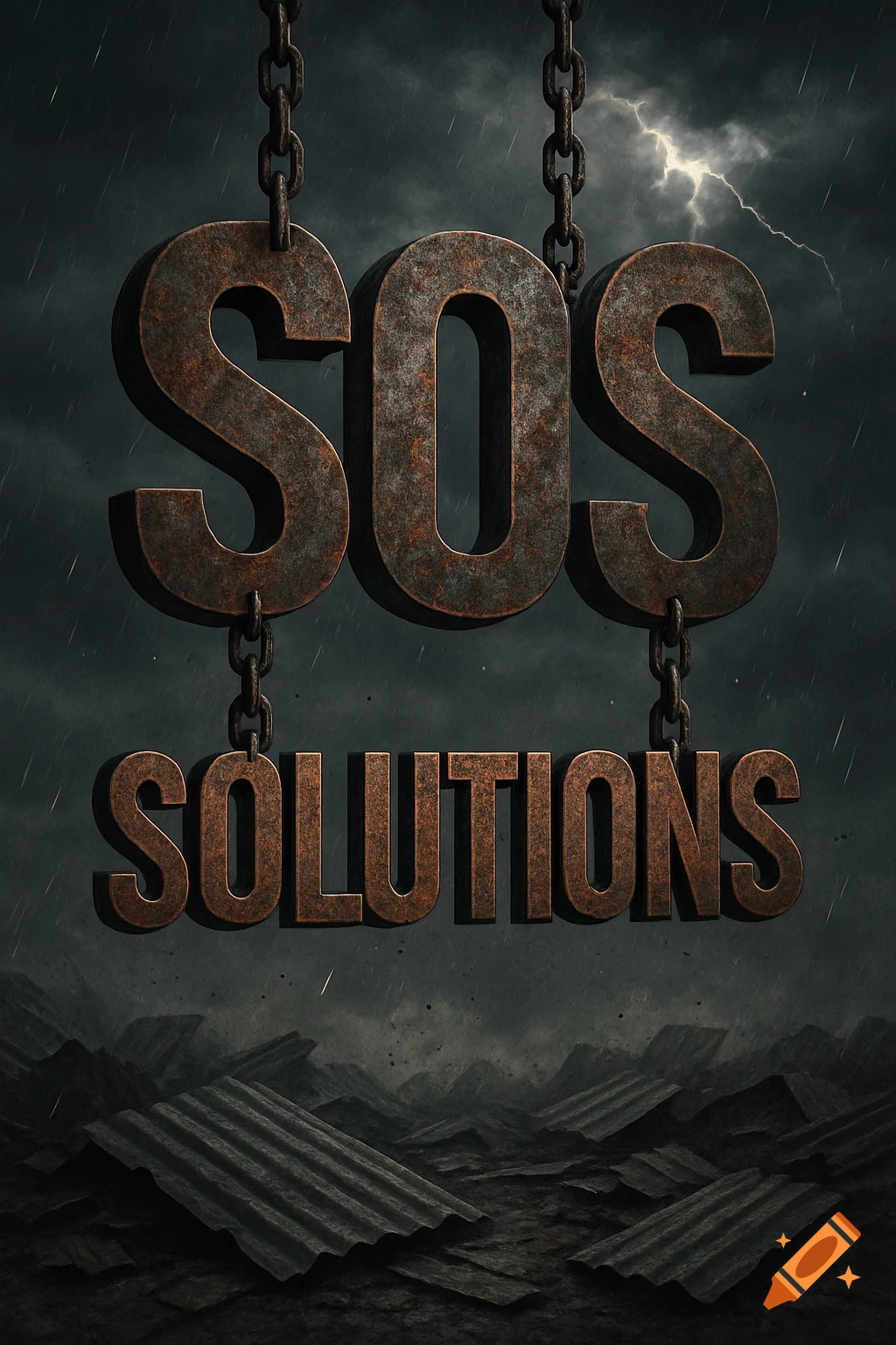 Rusty metal letters SOS hang from chains above the word SOLUTIONS during a stormy lightning-filled sky with debris on the ground.