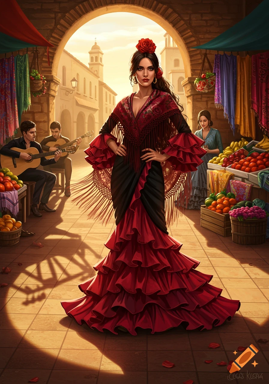 Digital painting of a Spanish woman in a vibrant red flamenco dress standing in a sunny marketplace with musicians.