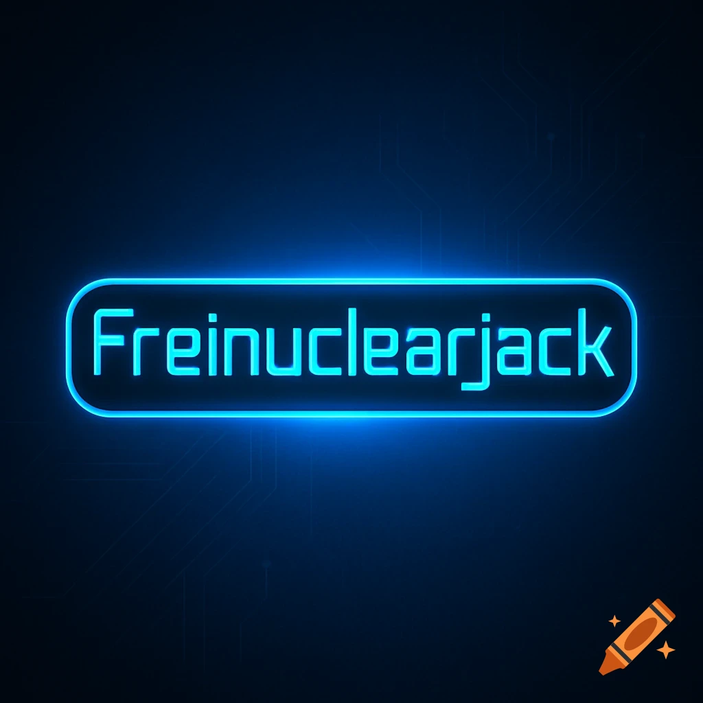 Neon blue Freinuclearjack text logo on a dark background with faint circuit patterns.