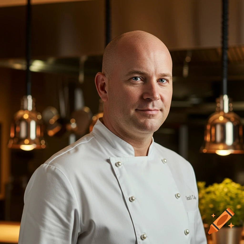A photorealistic portrait of a bald man in a white chef's jacket standing in a kitchen.