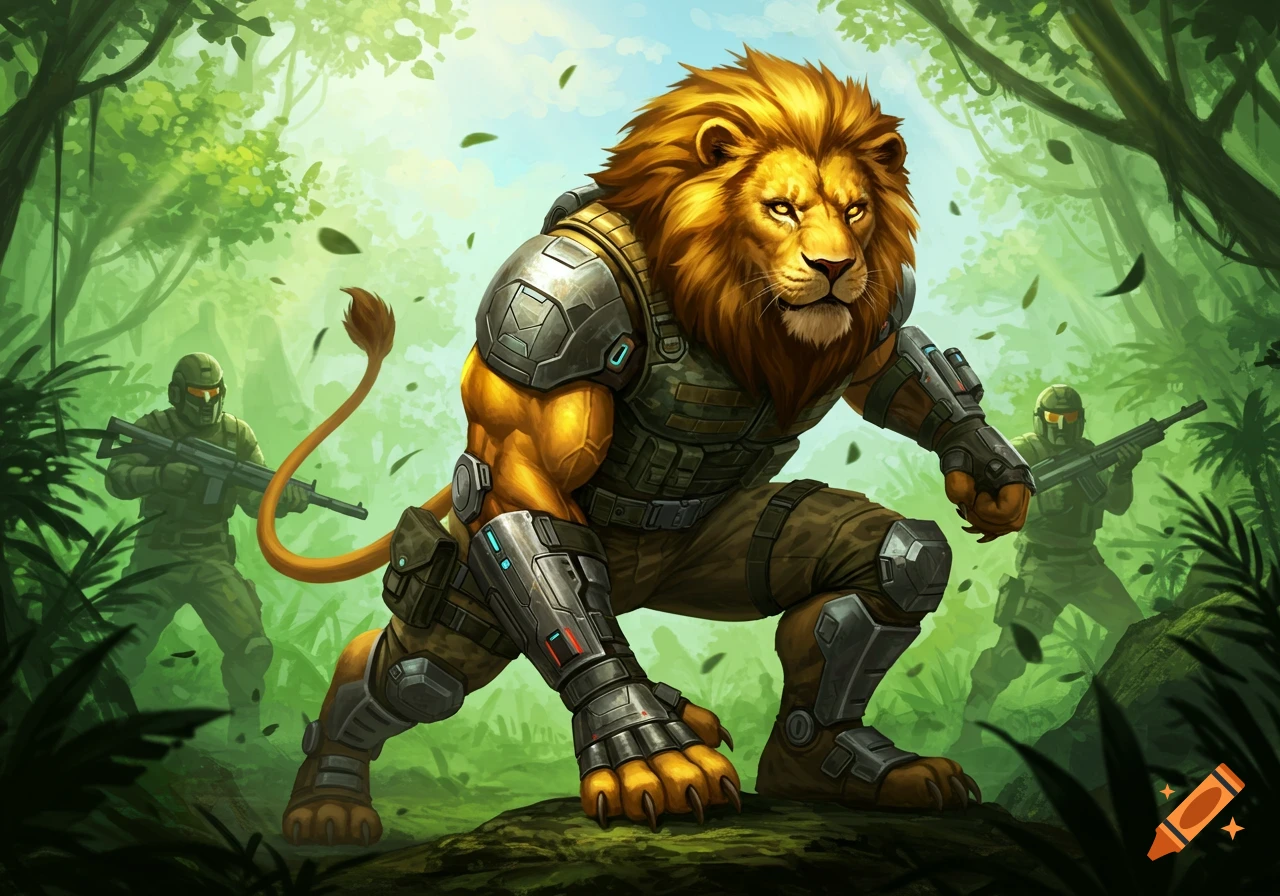 An anthropomorphic lion in tactical armor crouches in a lush jungle, with two soldiers in the background. Illustrated style.