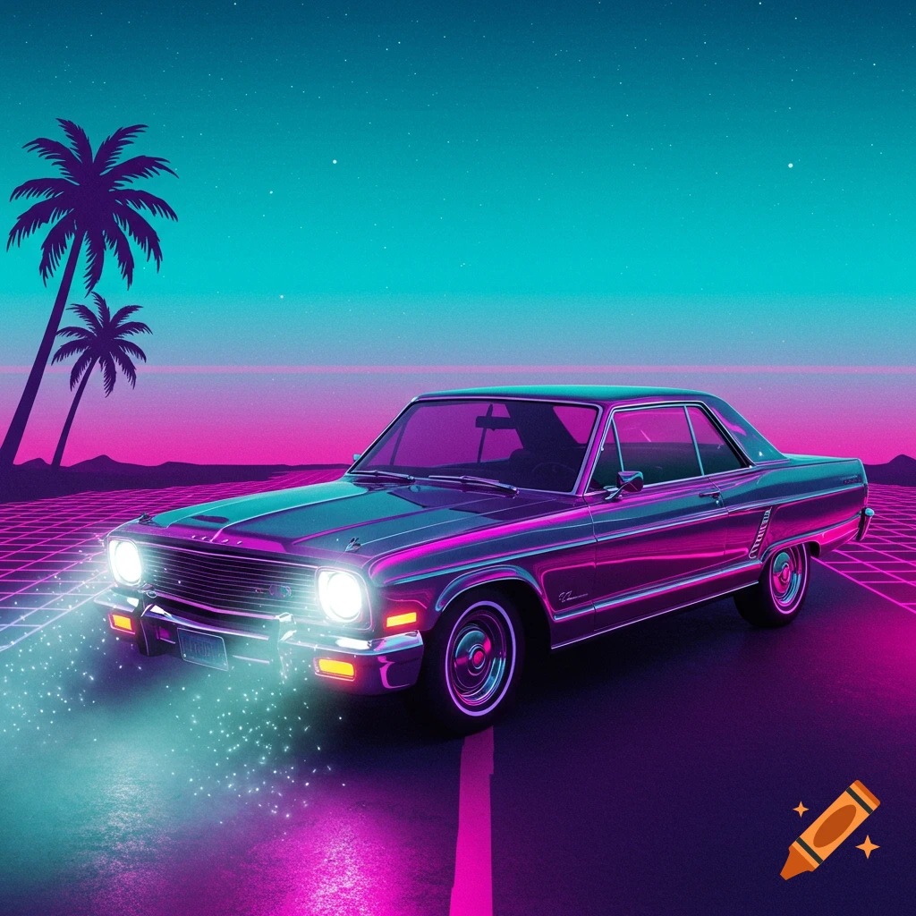 A vintage car with glowing headlights on a neon grid road at night, set against a vibrant pink and blue synthwave sky with palm trees.