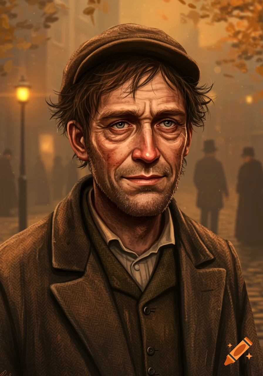 A detailed portrait of a disheveled man in a flat cap and brown coat, with a blurry autumn street and lamplight in the background.