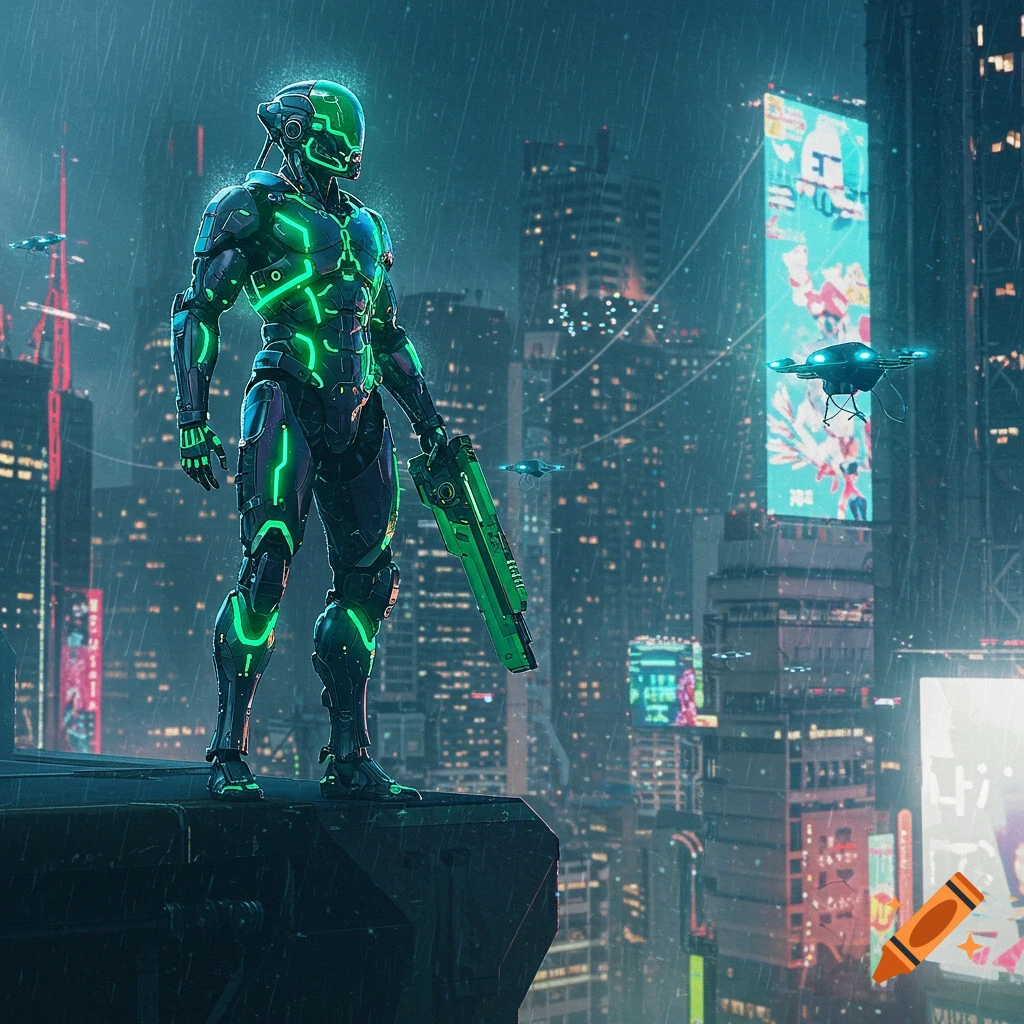 A neon green and black armored robot stands on a rooftop overlooking a rainy, futuristic cyberpunk city at night, holding a rifle.