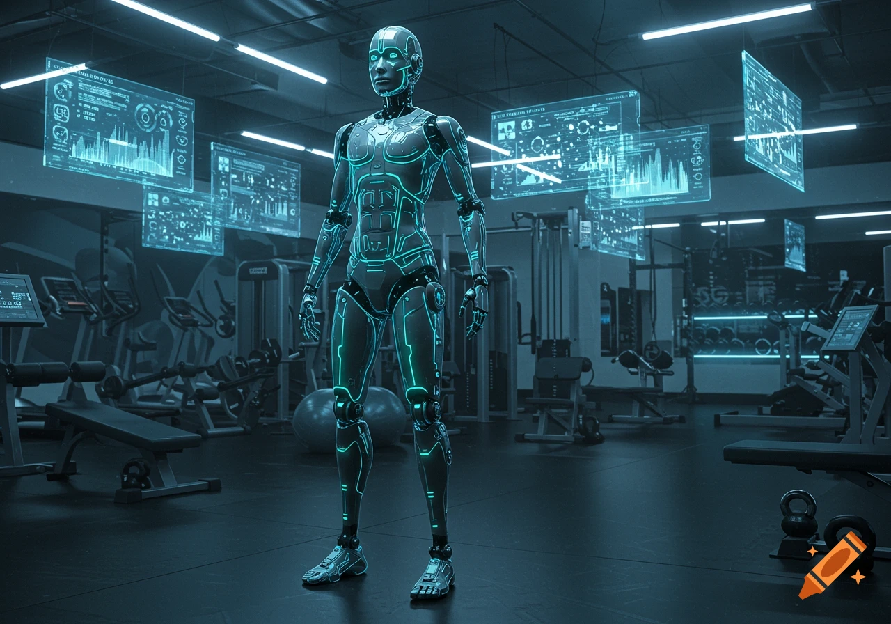 A photorealistic image of a futuristic humanoid robot with glowing blue lines, standing in a modern gym with holographic data screens.