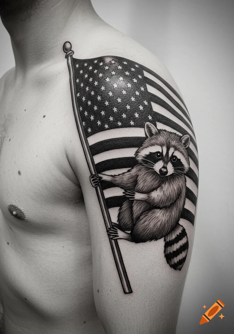 Black and white tattoo of a raccoon holding an American flag on a person's shoulder.