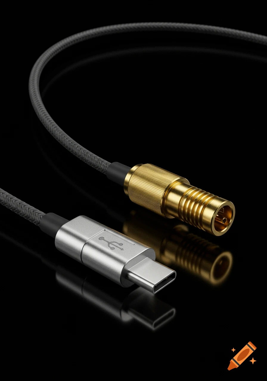 A close-up, photorealistic image of a dark gray braided USB-C cable with a silver USB-C connector and a gold SMA male connector on a black background.