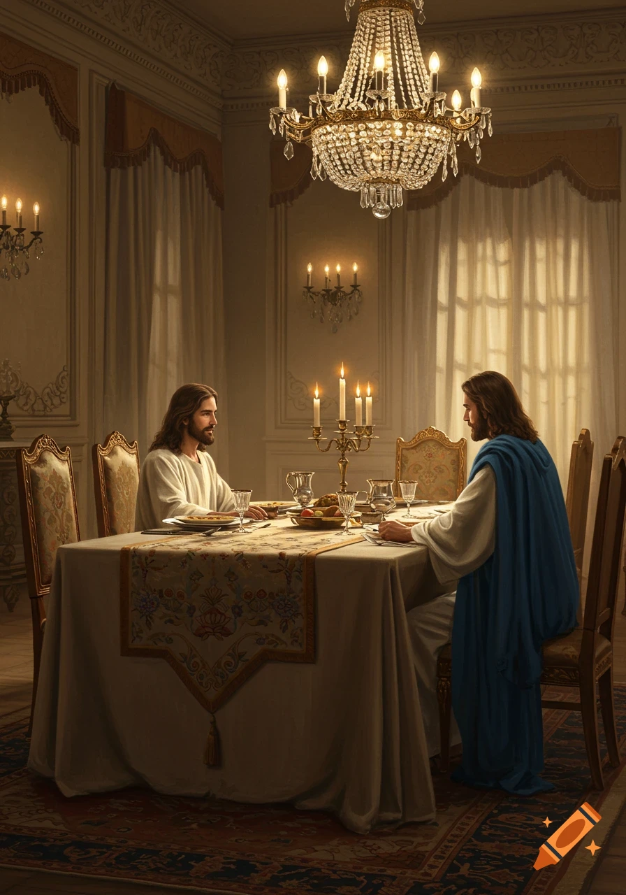 Two figures resembling Jesus sit at a formal dinner table with candlelight in a grand room, a large chandelier hangs above.