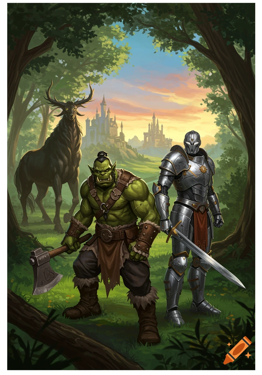 An orc and a knight stand with weapons in a sun-dappled forest, with a large stag and a castle in the background. Digital art.