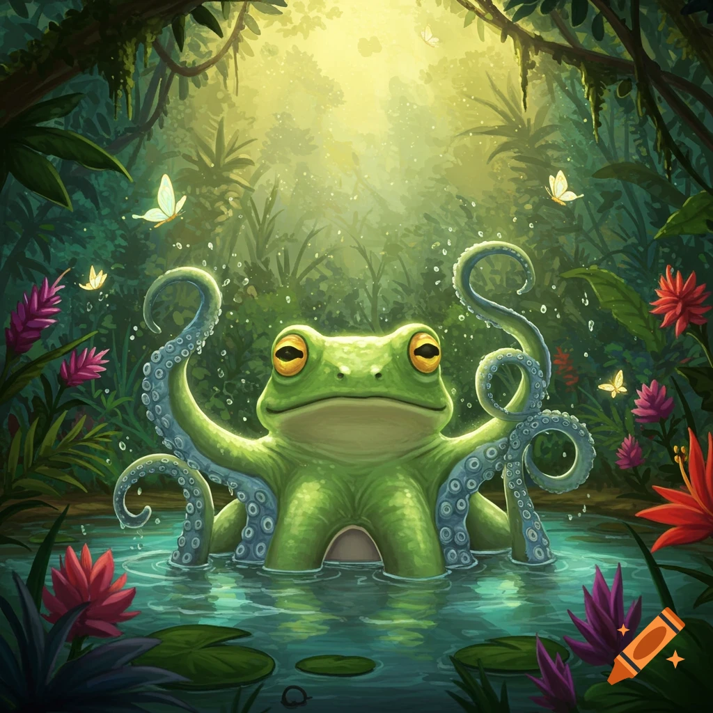 A vibrant illustration of a whimsical frog-octopus creature sitting in a lush jungle pond with sun rays, butterflies, and colorful flowers.
