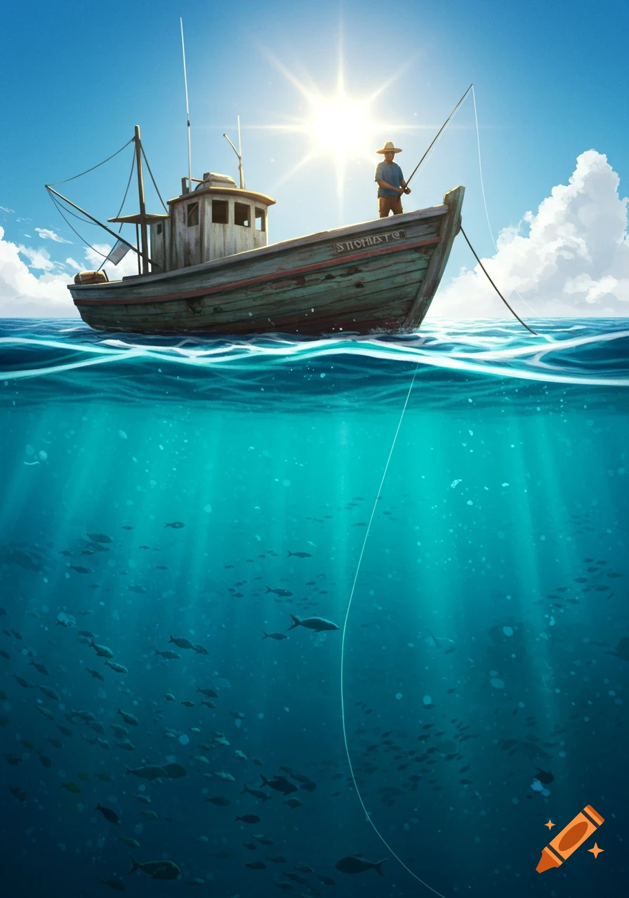 A fisherman on a boat, with the sun bright above, and a detailed view of fish and light rays underwater.