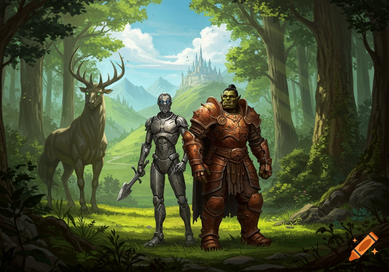 An armored Warforged and a green-skinned Orc stand in a lush, dappled forest with a deer and distant castle.