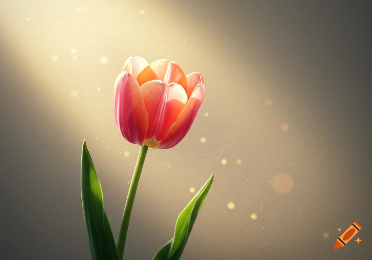 A single pink and orange tulip with green leaves, illuminated by a warm light and bokeh particles against a gradient background.
