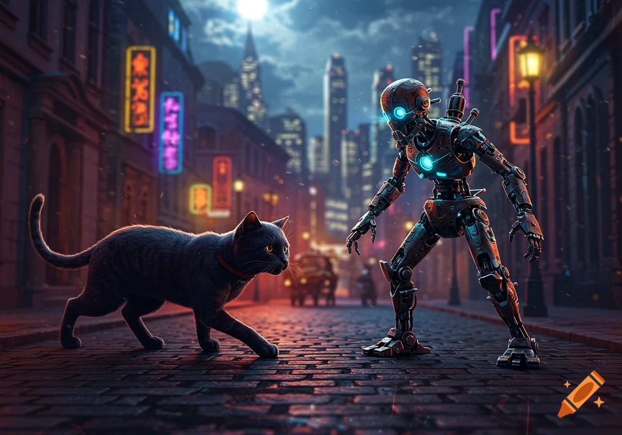 A black cat stands on a wet cobblestone street, facing a glowing blue robot in a futuristic city at night, with neon signs.