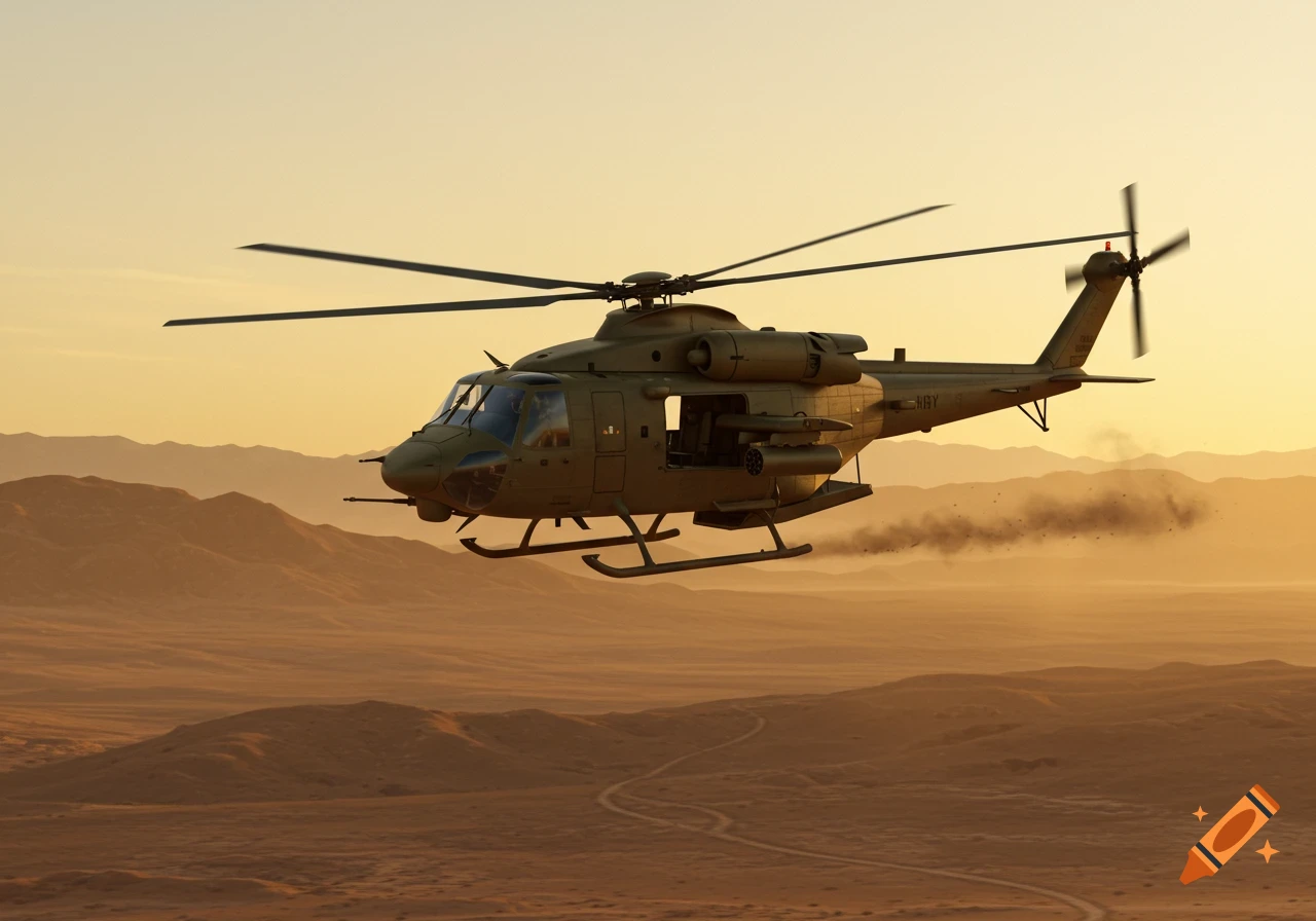 A military helicopter flies low over a vast, arid desert landscape under a warm, hazy sky at sunset.
