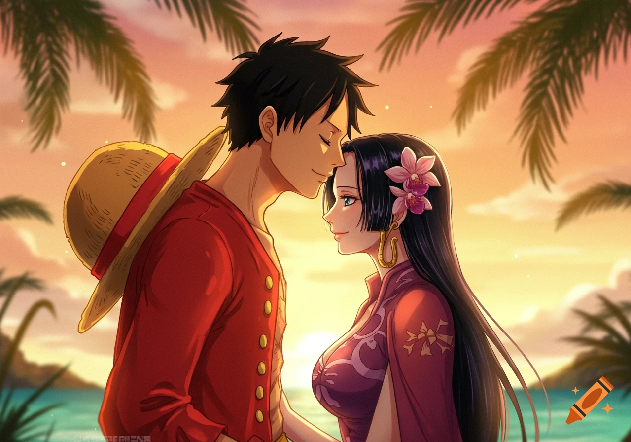 Anime style image of Luffy kissing Boa Hancock's forehead on a tropical beach at sunset.