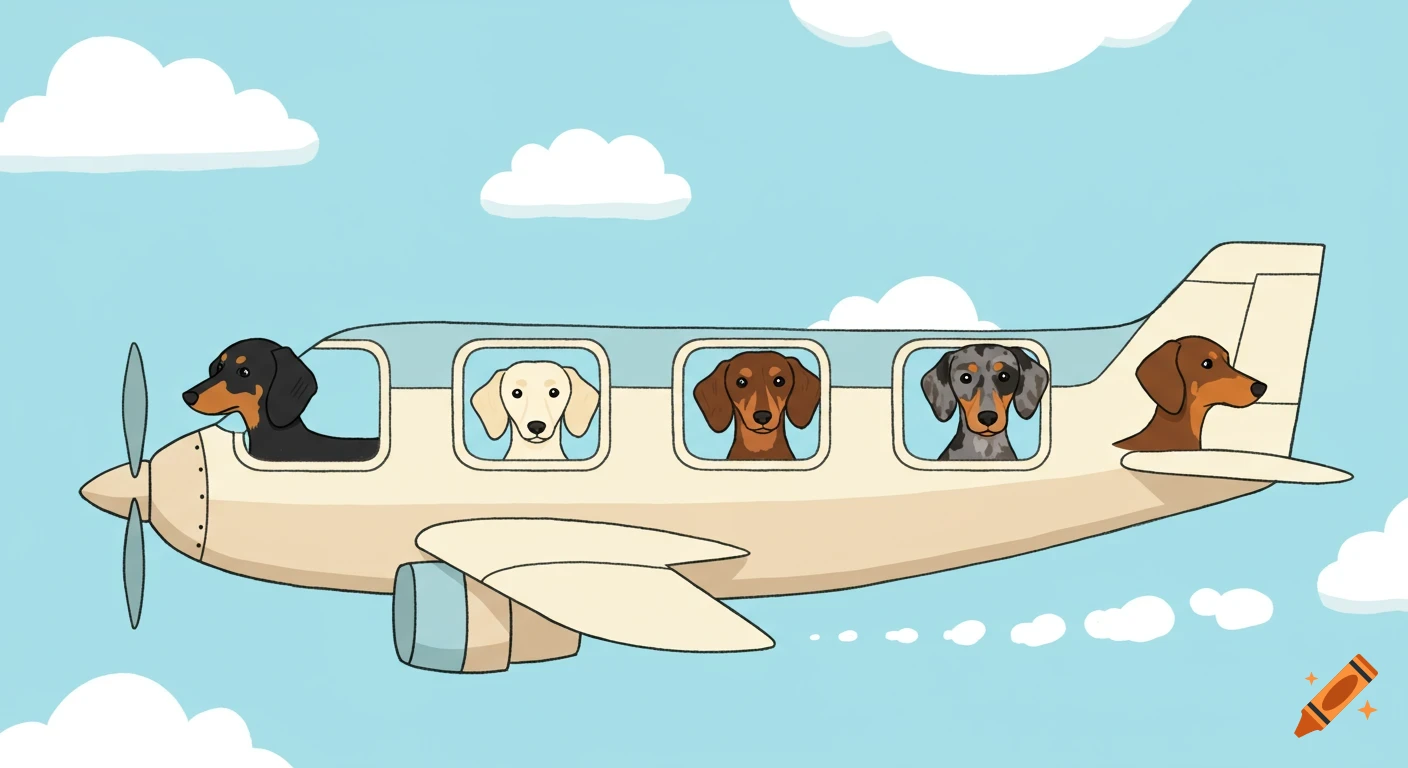 Cartoon image of five dachshunds flying in a small beige airplane through a blue sky with white clouds.