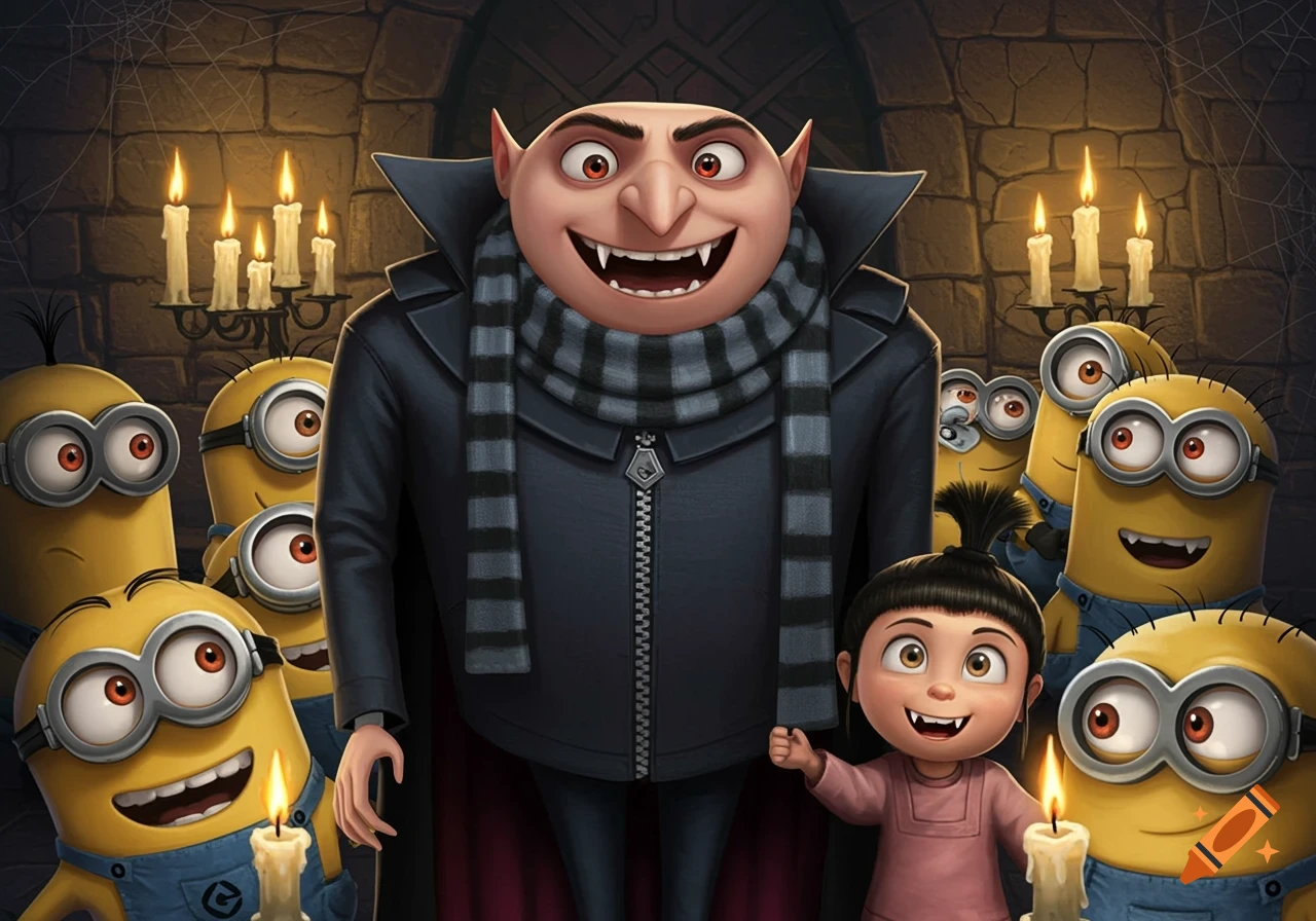 Gru, Agnes, and Minions as friendly vampires with fangs and red eyes in a candlelit stone room.