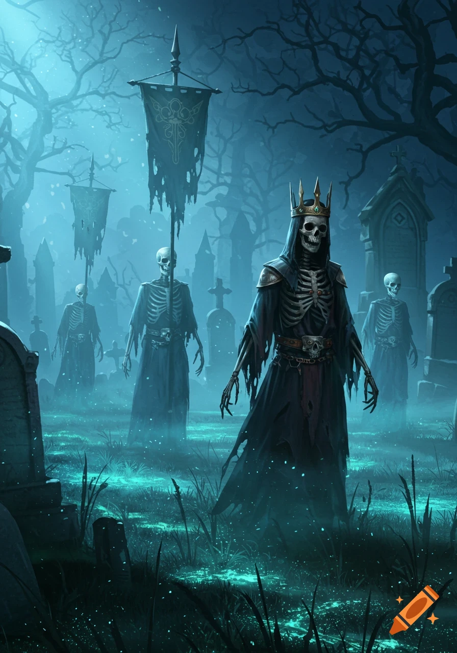 A king skeleton with a crown leads other skeletons through a misty, blue-lit graveyard with tombstones and bare trees, in a digital painting.