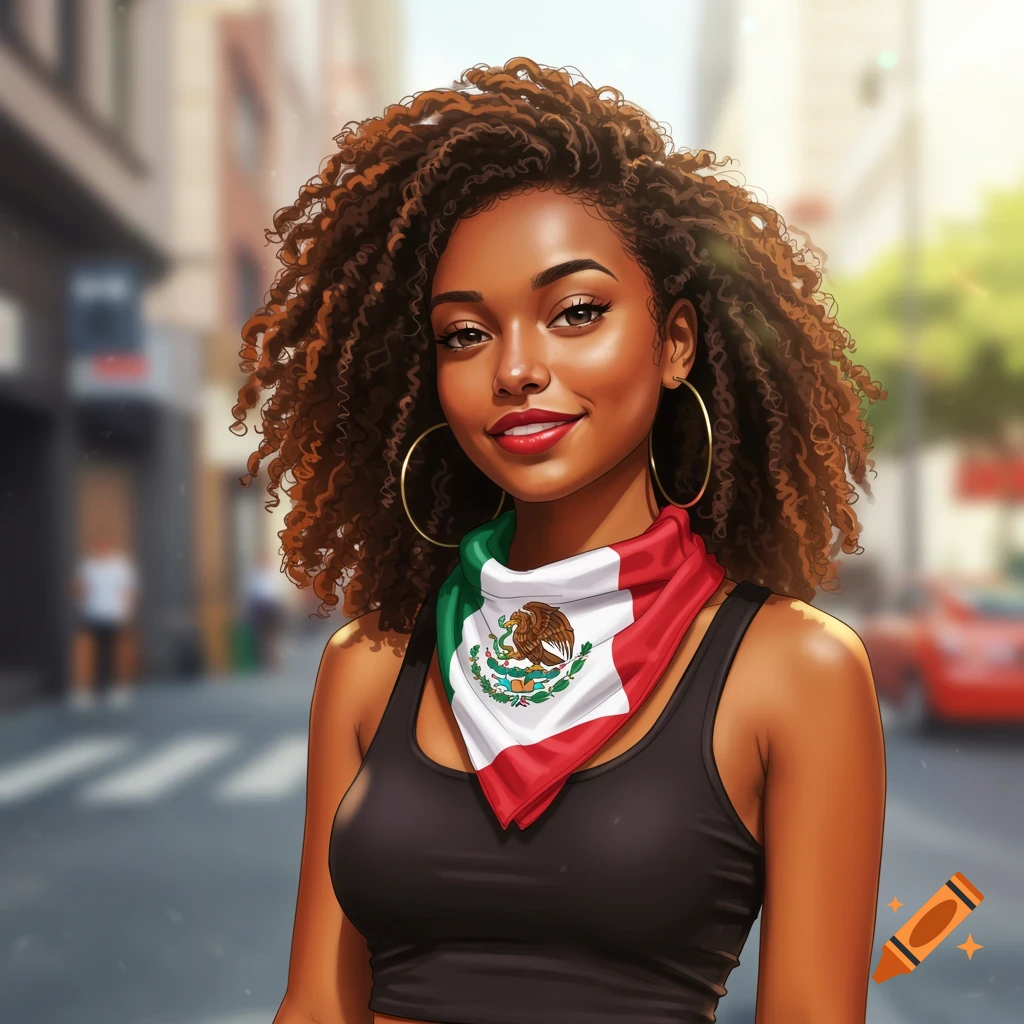 A photorealistic digital art portrait of a smiling Black woman with curly hair, wearing a black top and a Mexican flag bandana around her neck, in a city.