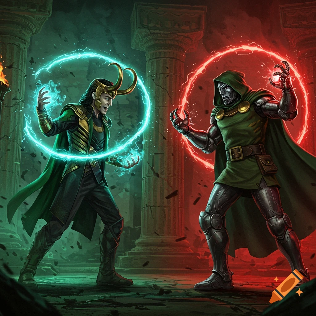 Loki and Dr. Doom face off, surrounded by glowing teal and red magic, in a ruinous, dark setting, digital art.
