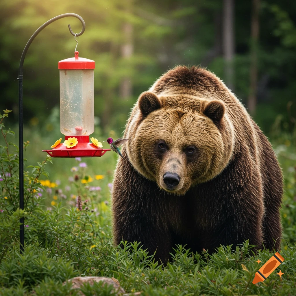 A large brown bear stands in green foliage, looking forward, next to a red  hummingbird feeder with a hummingbird. on Craiyon, image size:1024x1024
