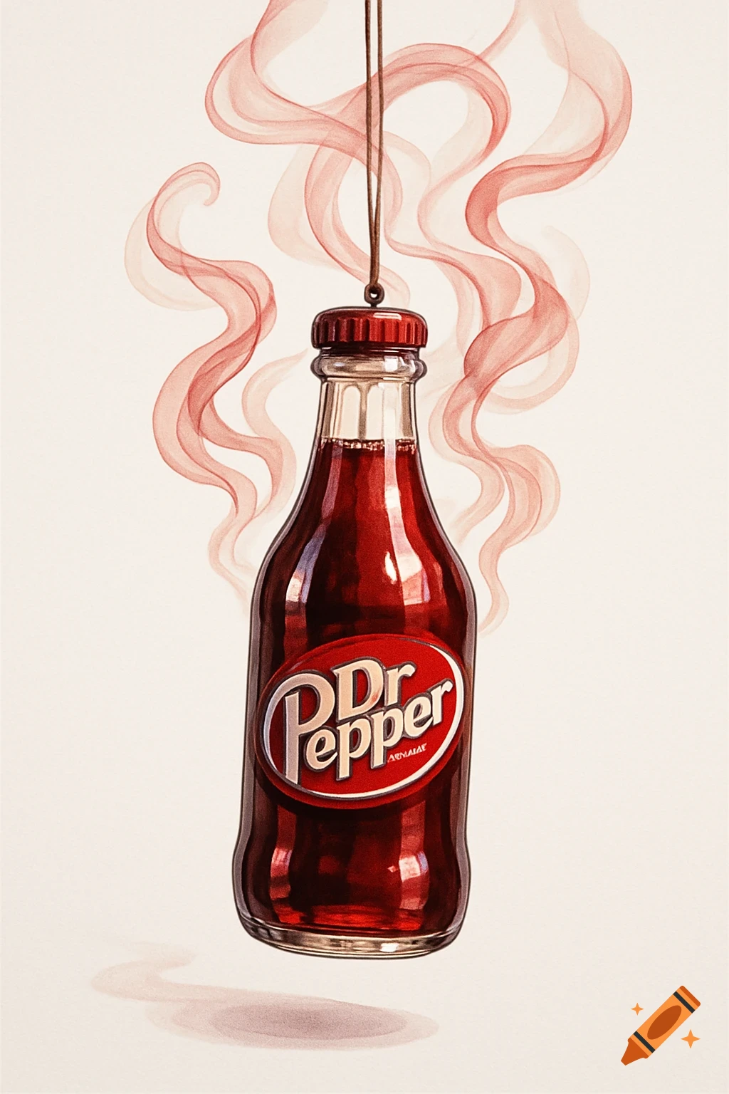 A Dr. Pepper bottle hangs by a string, surrounded by swirling red smoke, in a watercolor illustration style.