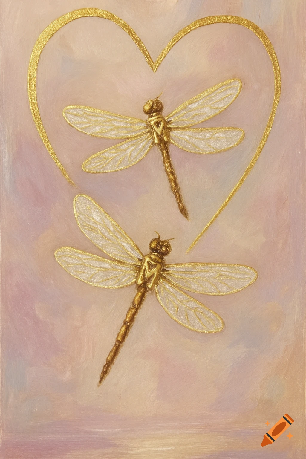 An acrylic painting of two golden dragonflies and a golden heart outline on a soft pink and beige background.