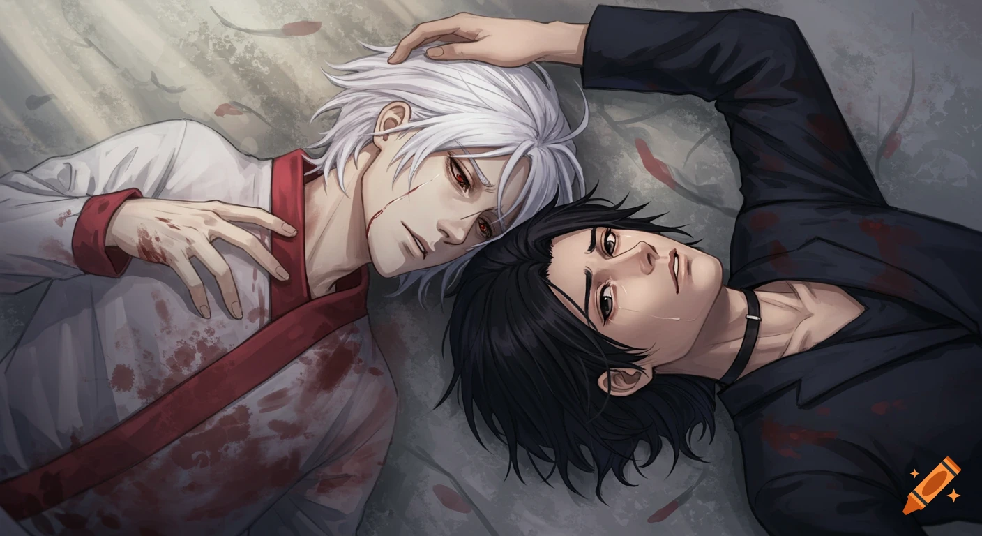 Two male anime characters, one with white hair and bloodied clothes, and another with black hair, lie side-by-side. The black-haired character gazes solemnly at the white-haired one.