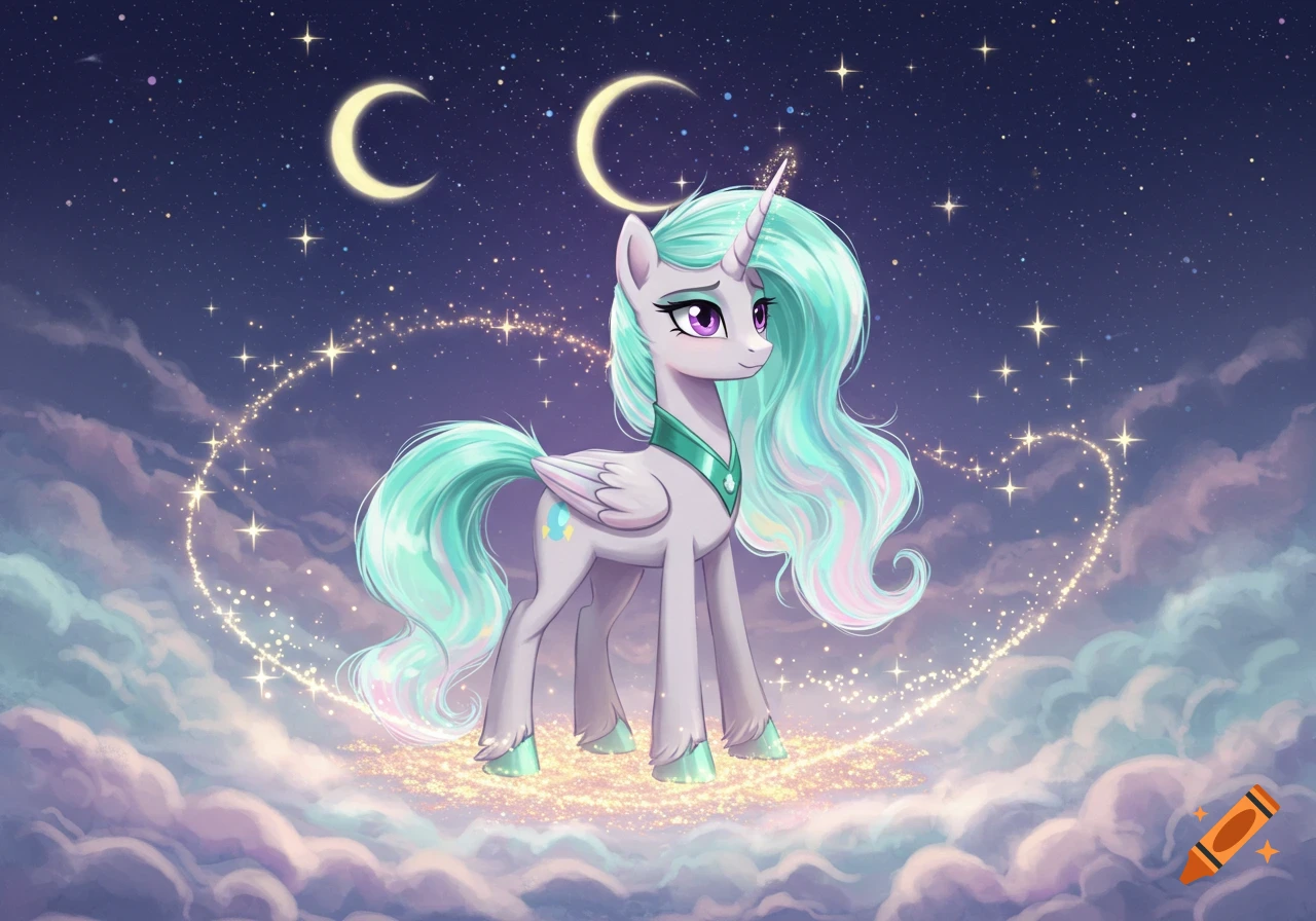 A stylized light purple unicorn with long mint green hair and wings stands on glowing clouds under a dark blue starry sky with two crescent moons.