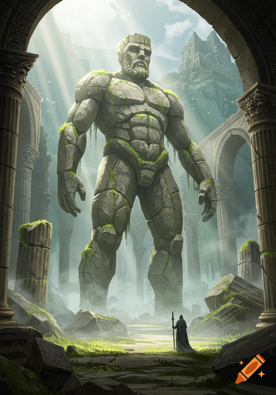 A colossal moss-covered stone statue of a bearded man stands in ancient ruins with broken columns, as sunlight streams through the misty air and a small cloaked figure looks up at it.