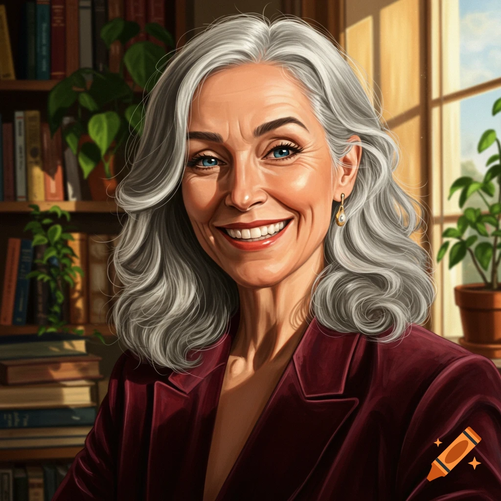 A mature woman with grey hair and blue eyes smiles widely, wearing a maroon blazer in a library setting.