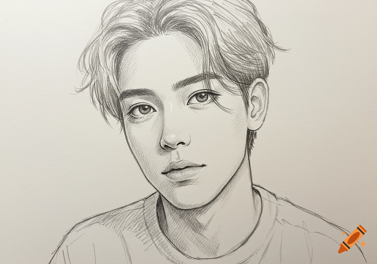 Pencil sketch portrait of a young man with soft lines and a neutral expression.