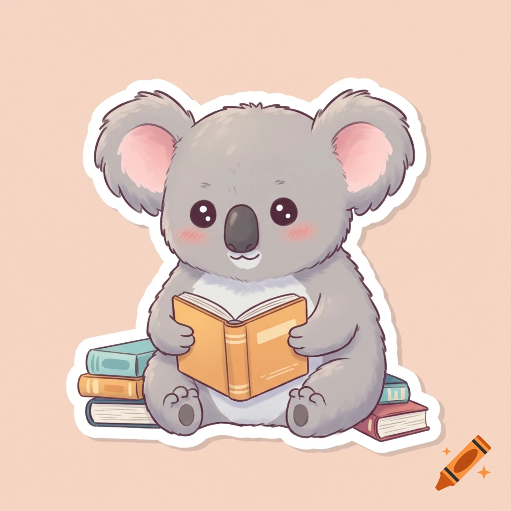 Cute cartoon koala sticker reading a book while sitting on a stack of books.