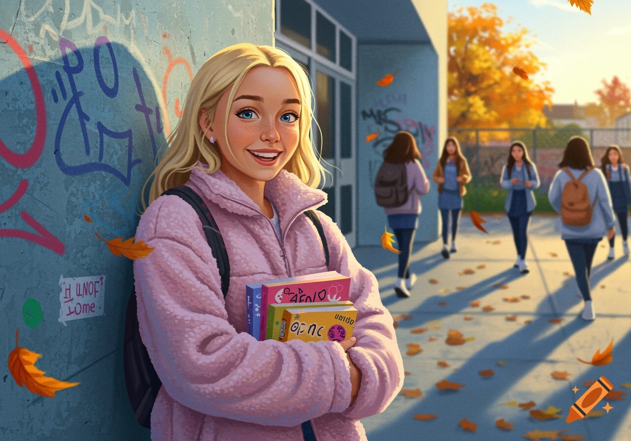 A smiling blonde high school student in a pink fleece jacket holds books and a backpack, standing near a graffiti-covered wall on a sunny autumn day.