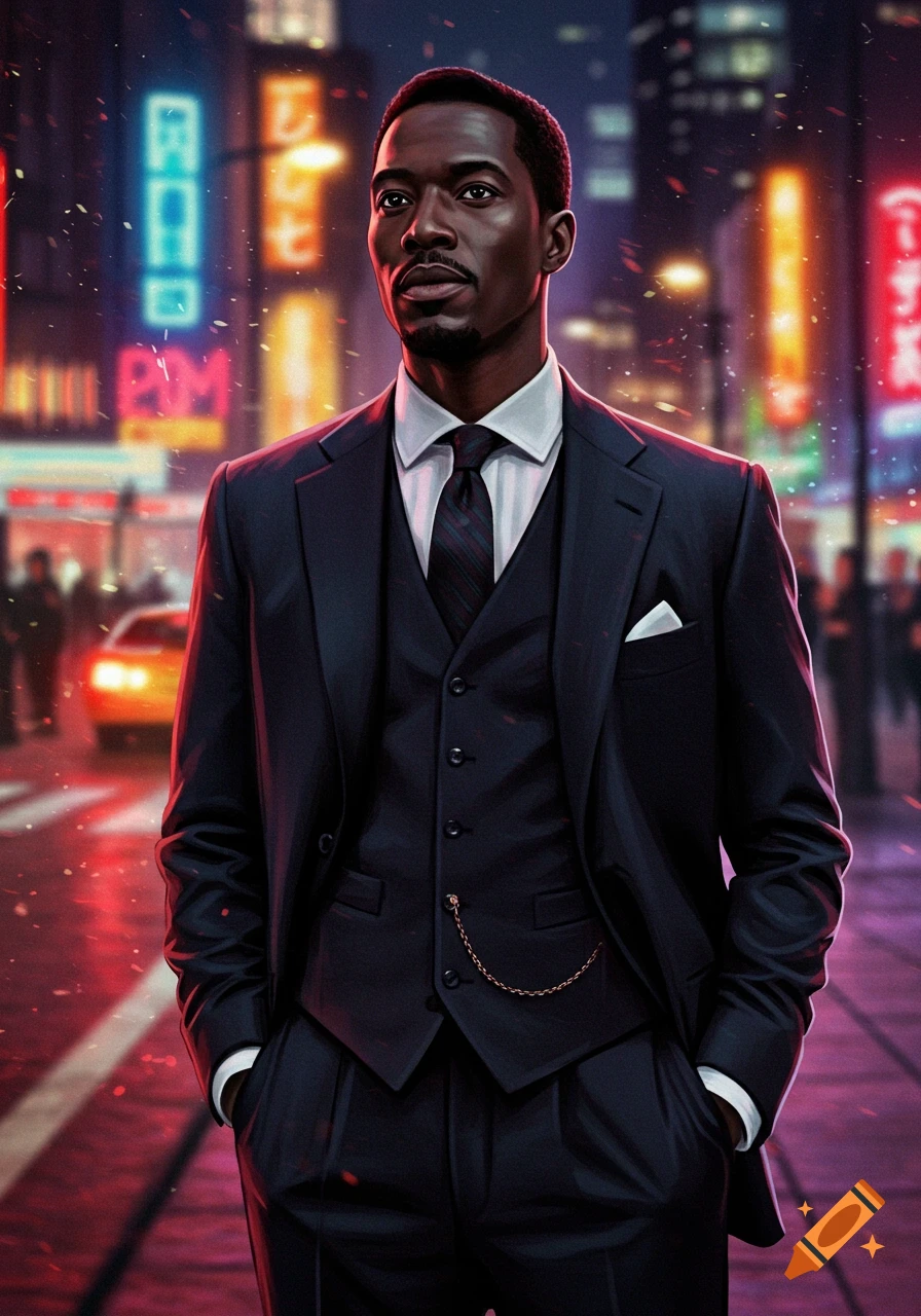 A man in a dark suit and vest stands on a neon-lit city street at night, hands in his pockets, looking to the side. Stylized digital art.