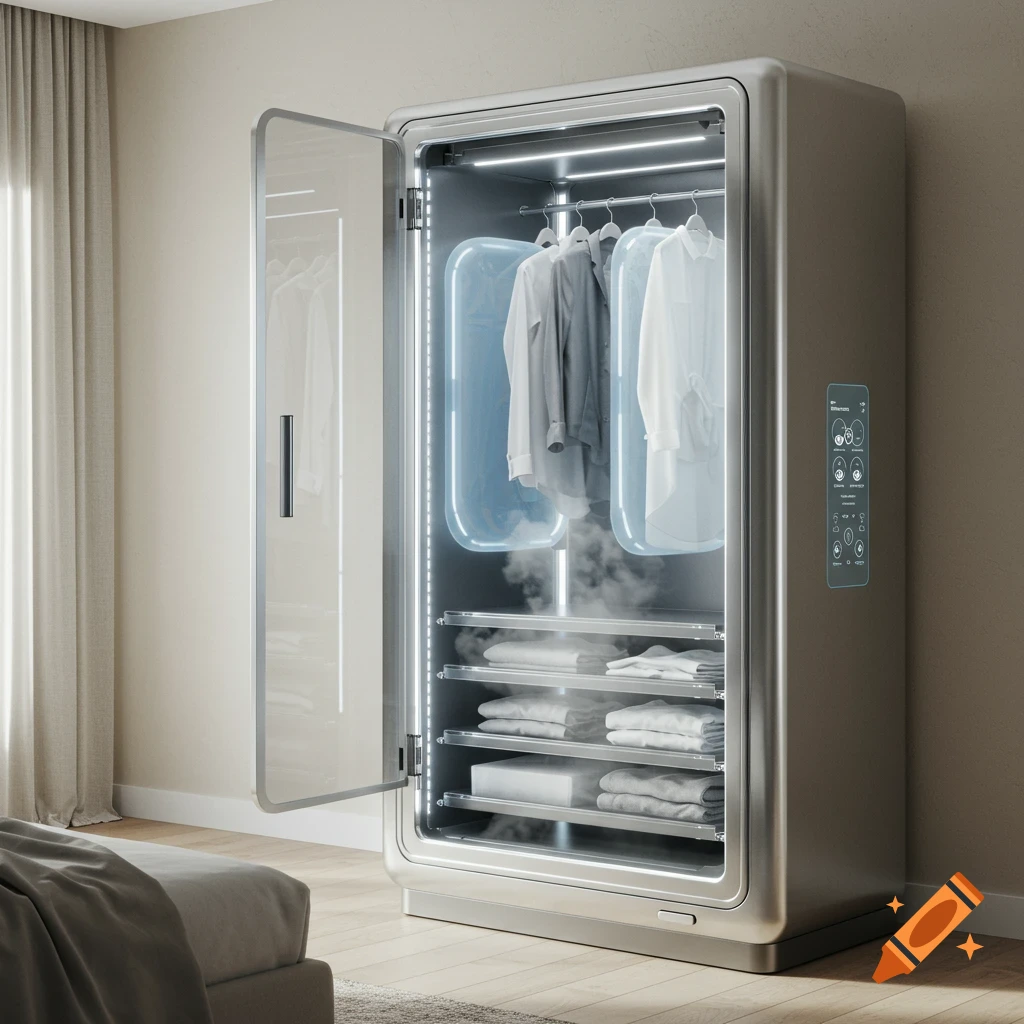 Photorealistic image of a futuristic automatic closet in a modern bedroom, with clothes hanging inside and steam rising from shelves.