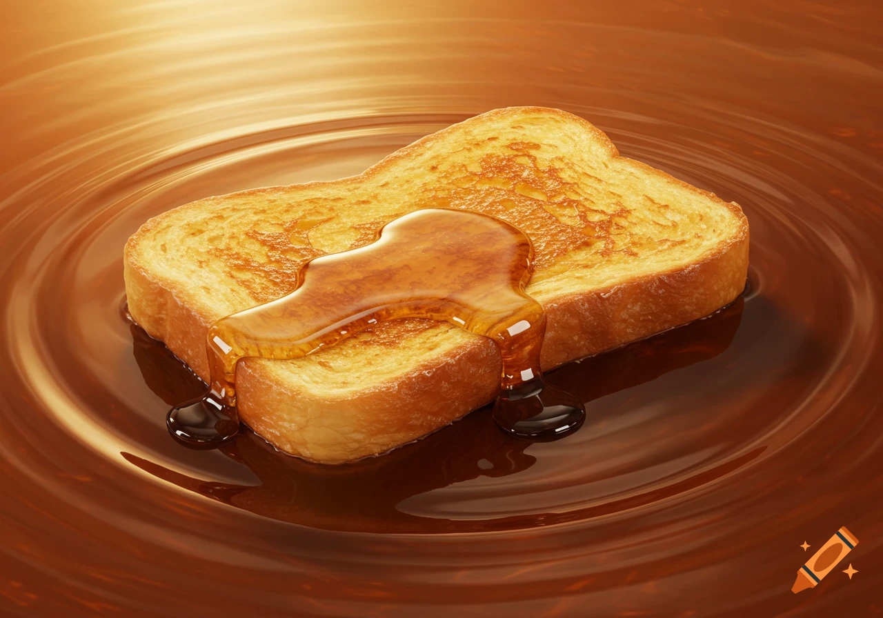 Ultra-realistic photo of golden-brown French toast floating in a shimmering pool of maple syrup with ripples.