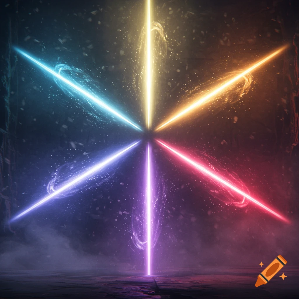 Six vibrant, colorful light beams converge in the center of a dark, smoky space.