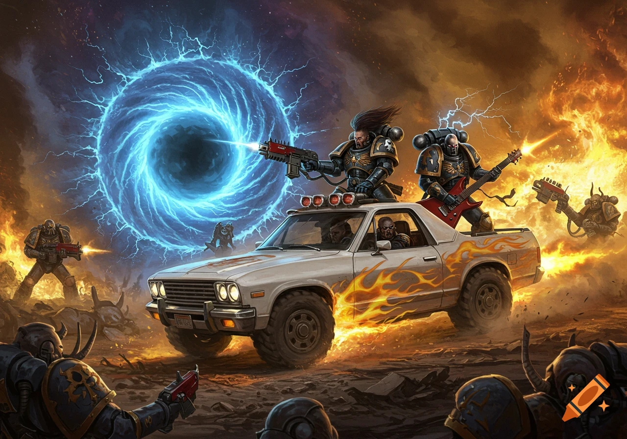 Warhammer 40k Space Marines, led by the Khan in a white El Camino with flames, battle Chaos Marines amidst a swirling blue warp hole and fiery explosions.