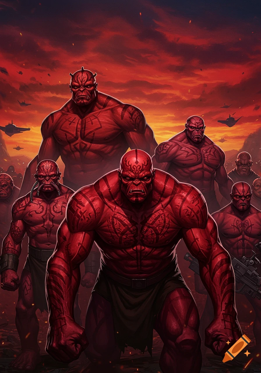 A group of large, muscular red-skinned humanoid figures with black tattoos, set against a fiery orange and red sky with spaceships, in a comic art style.