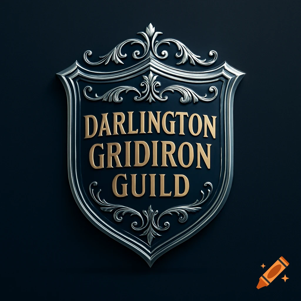 A shiny, ornate silver and gold shield with the words 'Darlington Gridiron Guild' embossed on it, against a dark background.