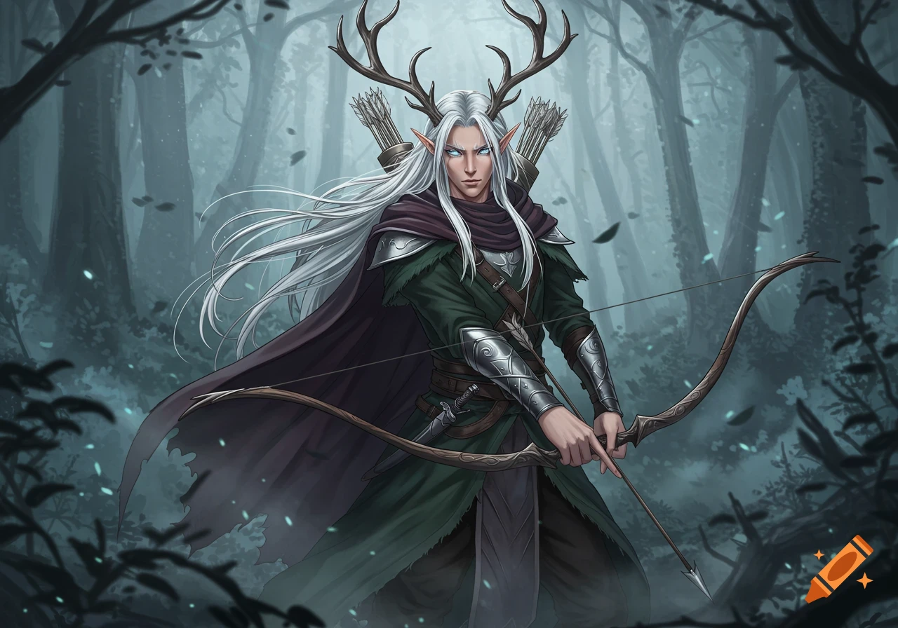 An anime-style silver-haired elf with antlers, holding a bow in a dark, misty forest.