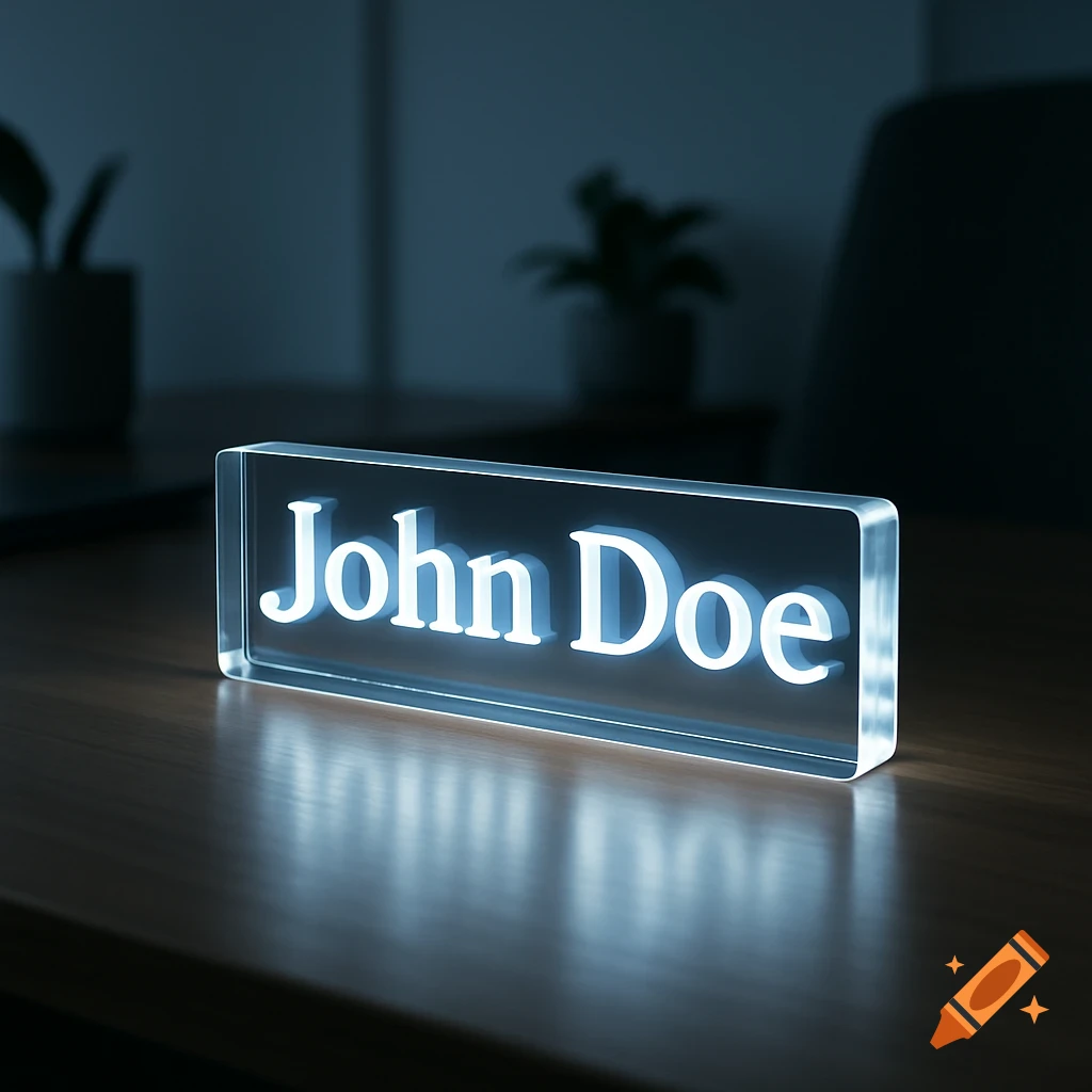 A clear, rectangular nameplate with glowing white text 'John Doe' sits on a dark wooden desk, casting light onto the surface in a dim office setting.