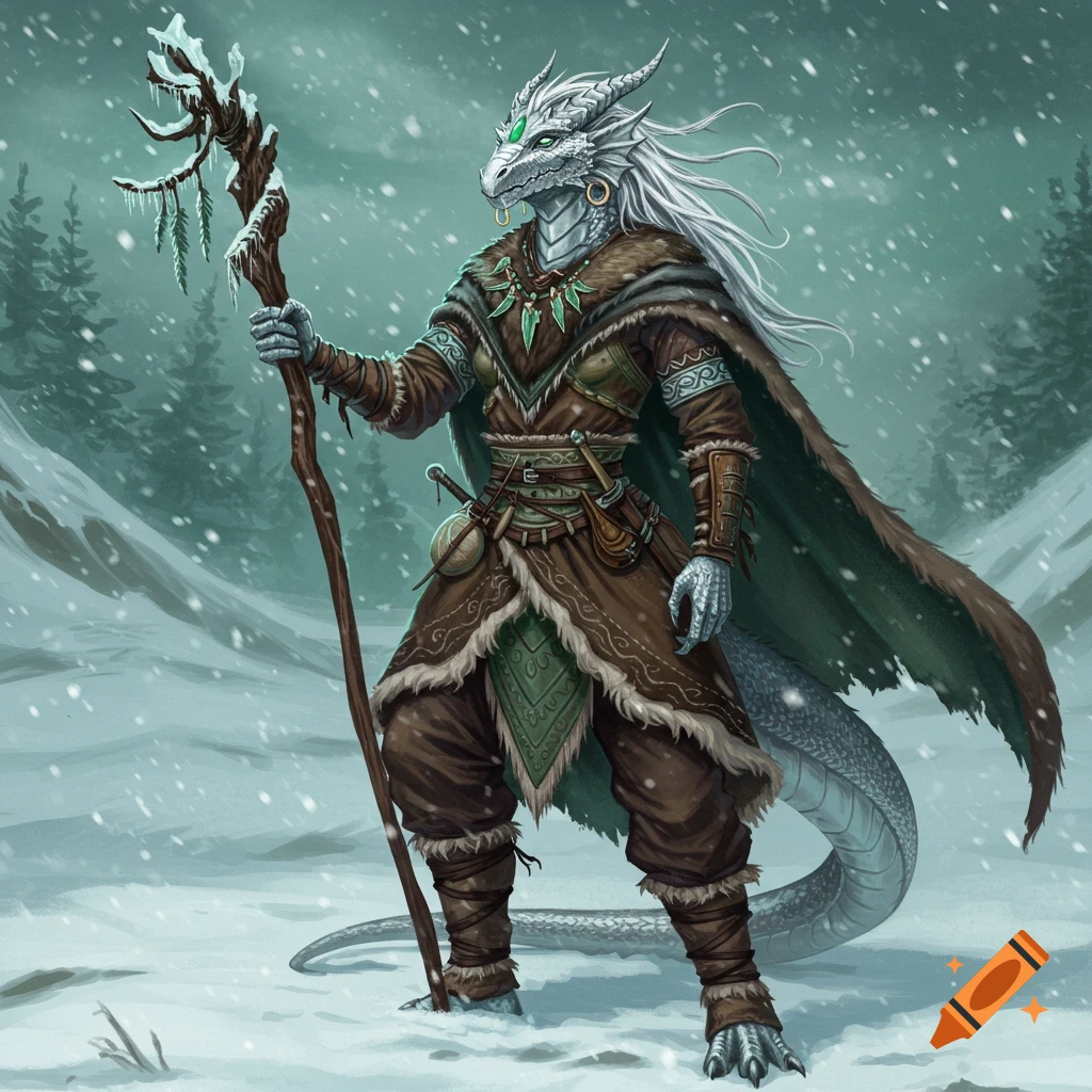 A white dragonborn wearing cold-weather clothes holds an ornate staff in a snowy forest, digital art.